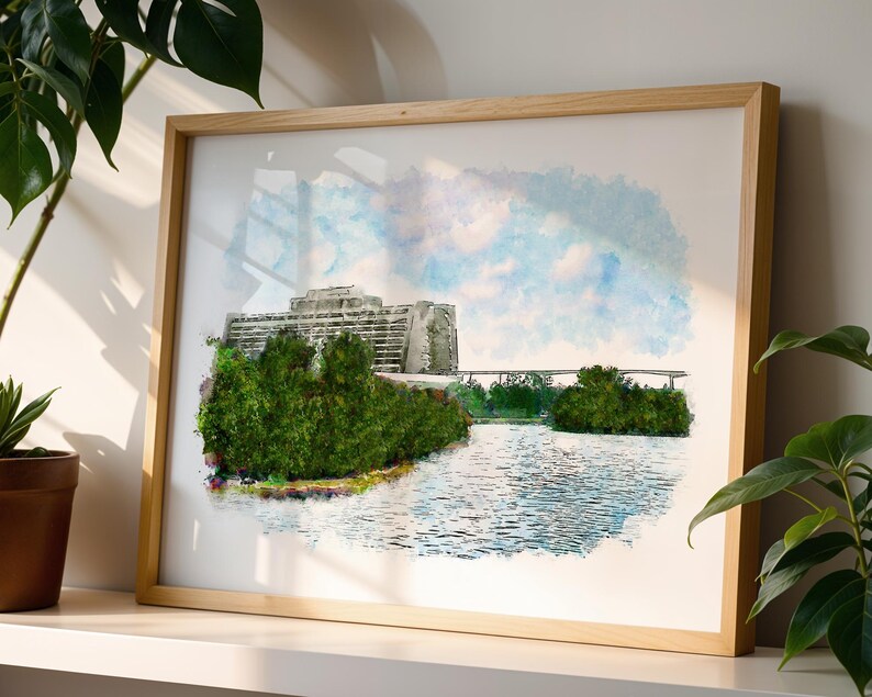 Impressão em aquarela do Disney's Contemporary Resort. Impressões da Disney disponíveis nos tamanhos A3, A4 e A5. imagem 4