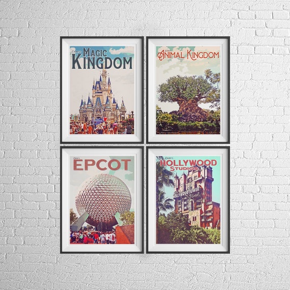 Retro Disney Prints, Walt Disney World Retro Prints, Retro Disney Posters,  Four Parks Prints, Retro Disney World Prints, Set of Four Posters 