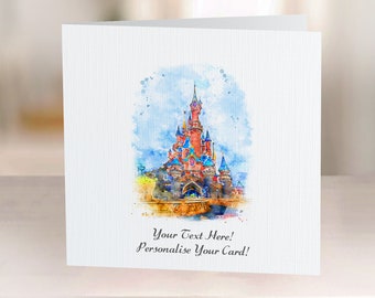 Disneyland Paris Greetings Card, Watercolour Style, Personalised Disney Cards, Sleeping Beauty Castle Print