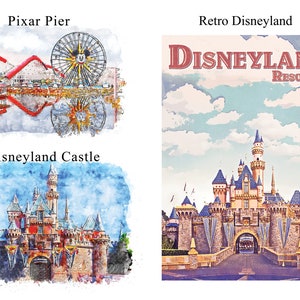 K&ouml;nnte beinhalten: Aquarell-Prints mit Disneyland-Sehensw&uuml;rdigkeiten. Enth&auml;lt Pixar Pier mit einem Riesenrad, Disneyland Castle und ein Retro-Disneyland-Resort-Poster. Die Bilder haben eine Vintage-&Auml;sthetik mit sanften Farben.