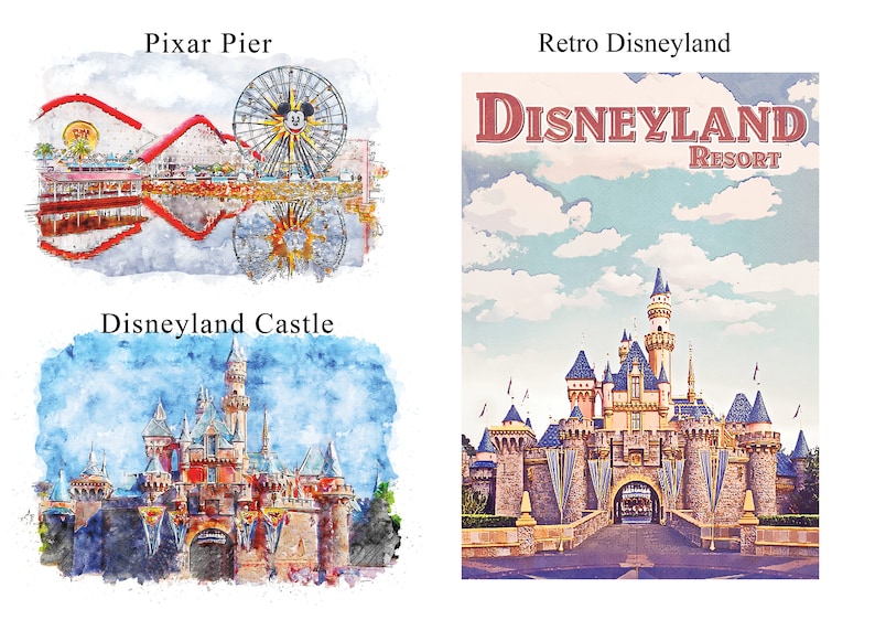 K&ouml;nnte beinhalten: Aquarell-Prints mit Disneyland-Sehensw&uuml;rdigkeiten. Enth&auml;lt Pixar Pier mit einem Riesenrad, Disneyland Castle und ein Retro-Disneyland-Resort-Poster. Die Bilder haben eine Vintage-&Auml;sthetik mit sanften Farben.