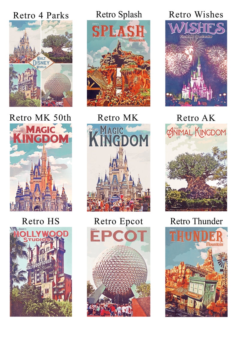 K&ouml;nnte beinhalten: Eine Sammlung von Postern im Retro-Stil mit verschiedenen Attraktionen aus Disney-Themenparks. Die Poster zeigen Bilder von Cinderella's Schloss, dem Baum des Lebens, dem Hollywood Tower Hotel und Spaceship Earth, mit Text wie "Retro 4 Parks" und "Retro MK 50th".