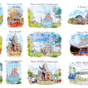 K&ouml;nnte beinhalten: Aquarell-Prints mit ikonischen Wahrzeichen und Szenen aus Walt Disney World. Enth&auml;lt Bilder des Tower of Terror, Spaceship Earth, Cinderella Castle und Tree of Life. Jeder Druck ist mit dem jeweiligen Standort beschriftet.