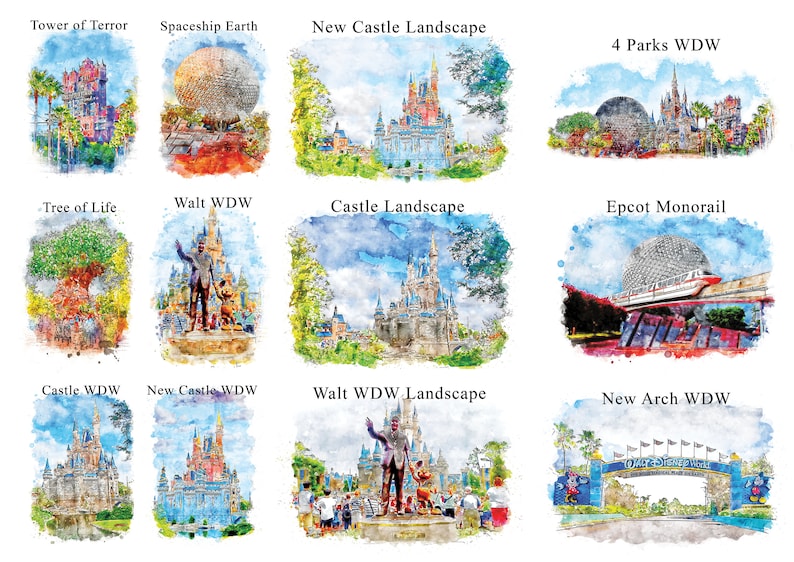 K&ouml;nnte beinhalten: Aquarell-Prints mit ikonischen Wahrzeichen und Szenen aus Walt Disney World. Enth&auml;lt Bilder des Tower of Terror, Spaceship Earth, Cinderella Castle und Tree of Life. Jeder Druck ist mit dem jeweiligen Standort beschriftet.