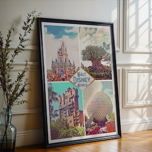 Peut inclure: Une affiche de style vintage mettant en scène des monuments emblématiques de Walt Disney World. L'affiche est divisée en quatre sections, chacune présentant une attraction différente : le château de Cendrillon, l'Arbre de Vie, l'hôtel Hollywood Tower et Spaceship Earth. L'affiche est encadrée de noir et a un fond blanc.