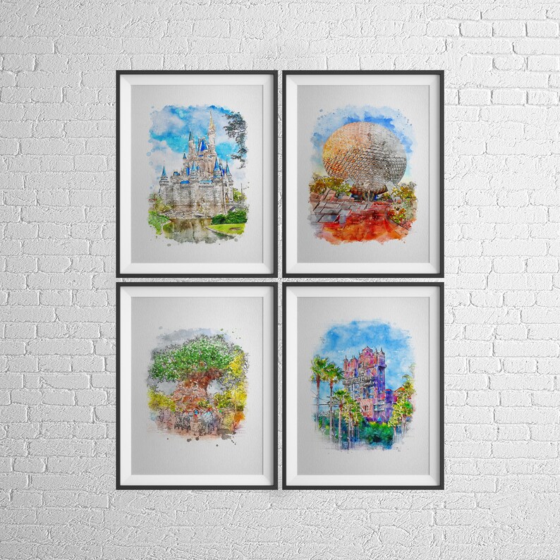 Disney Prints, Walt Disney World Prints, Four Parks Set of Four Disney Prints, Disney Watercolour Prints, Disney Parks Posters, Disney Gift image 1