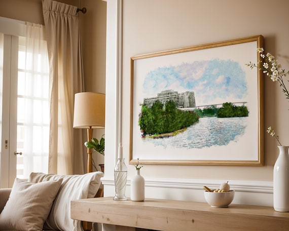 Disney's Contemporary Resort Watercolour Sketch Print, Disney Prints Available In A3, A4, A5