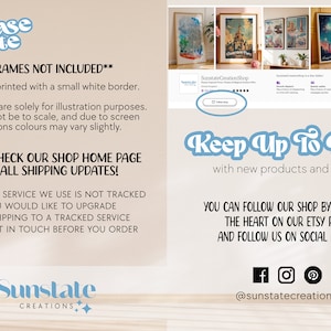 May include: A digital image of a text-based announcement about shipping and framing information for prints sold in an Etsy shop. The text reads "Please note" and "Frames not included". The text also includes information about the postal service used for shipping and how to contact the shop for shipping updates.
