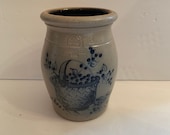 Vintage 1989 Rowe Pottery Works Cambridge Wisconsin Handmade Blue And Gray Stoneware Crock Storage Jar With Blueberry Vine Basket Design