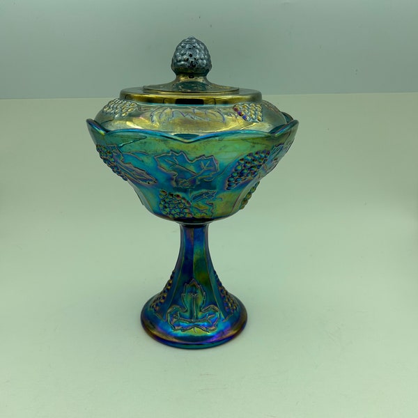 Vintage Indiana Glass Harvest Grape Blue Iridescent Carnival Glass 10" Pedestal Candy Dish Compote With Lid And Raised Grape And Leaf Design