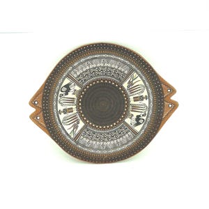 Peruvian Artist Antonio Olave Palomino Cusco Peru Handcrafted Signed 9" Art Pottery Wall Plate With Inca Inspired Designs, Shapes & Symbols