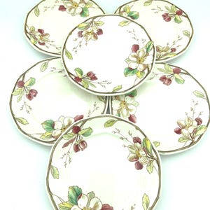 May include: A set of six round ceramic plates featuring a cream-colored base with a scalloped edge. Each plate is decorated with a botanical pattern of white flowers, green leaves, and dark red buds arranged along the rim and center.