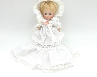 Vintage Effanbee Small 6" Porcelain Blonde Baby Doll With Movable Joints, White Gown & Bonnet Marked "Effanbee Playtown 984 Taiwan"