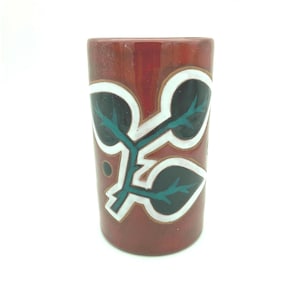 Vintage Dessin De Jean Picart Le Doux Sant Vicens Signed French Ceramic Six Inch Red Cylindrical Leaf Motif Vase Brush Pot