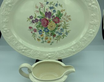 Vintage 2-Piece Homer Laughlin Eggshell Theme #TH11 Floral  Bouquet With Embossed Fruit Rim Serving Set Includes 13" Platter And Gravy Boat