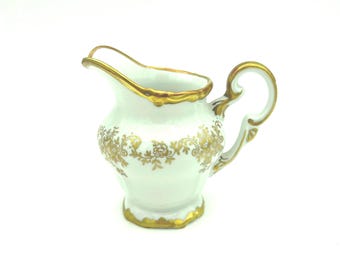 Vintage Weimar Porzellan Germany Katharina Shape Pattern #14051 White Porcelain 6 Ounce Creamer With Gold Gilt Flowers, Leaves, Vines & Trim