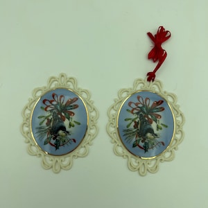 Two Lenox Winter Greetings By Catherine McClung Nuthatch Bird With Holly, Pine And Red Ribbon Oval Pierced Edge 3&quot; Christmas Tree Ornaments