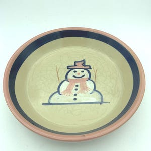 Vintage Handmade Robinson Ransbottom Pottery R.R.P. Co Roseville Ohio Winter Snowman Art Pottery 9" Deep Dish Pie Plate Quiche Baking Dish