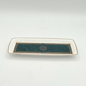 Vintage Royal Doulton English Fine Bone China Biltmore Pattern Small 7" X 3" Rectangular Tray With Gold Accented Blue Green Marble Motif