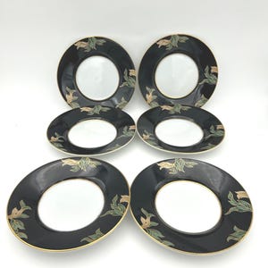Set Of Six Vintage Fitz And Floyd Cloisonne Peony Black Pattern #FF75 Asian Motif Five Inch Saucers Small Plates