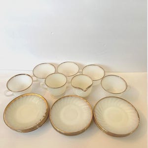 Vintage 18-Piece Fire-King Oven Ware USA White Swirl Milk Glass W/ Gold Trim Coffee Set Includes 4 Coffee Cups, 12 Saucers, Creamer & Sugar