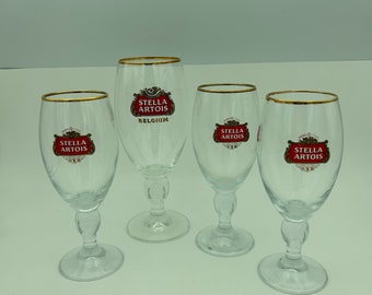 4-Piece Stella Artois Belgium Anno 1366 Logo Souvenir Beer Glass Set Includes Three 10 Ounce 25cl & One 16 Ounce 40cl Chalice With Gold Trim