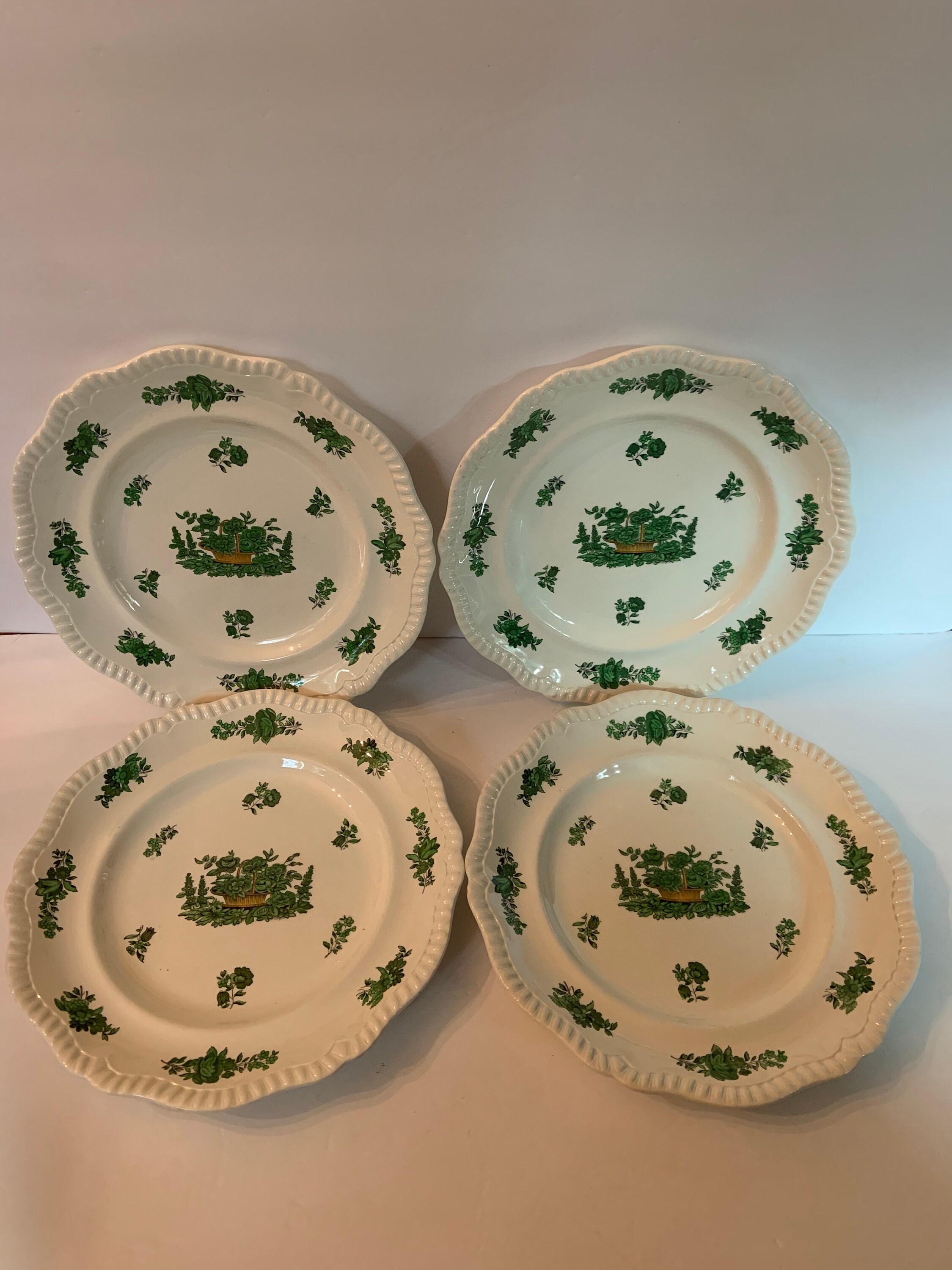 Antique Spode Copeland Green Basket 8135 Small Plates 3 Scalloped Edges 1915