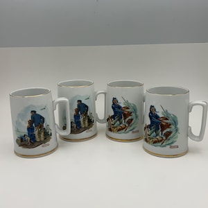 Vintage 4-Piece Set 1985 Norman Rockwell Museum 12 Ounce Coffee Cups Tankards Steins Includes 2 &quot;Looking Out To Sea&quot; & 2 &quot;Braving The Storm&quot;