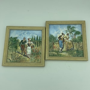 2 Vintage Baker China Studio Trenton, NJ Victorian Courting Couples Framed And Artist Signed Decorative 6&quot; Square Tile Artwork Wall Plaques