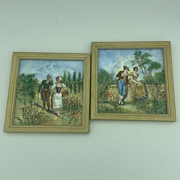 2 Vintage Baker China Studio Trenton, NJ Victorian Courting Couples Framed And Artist Signed Decorative 6" Square Tile Artwork Wall Plaques