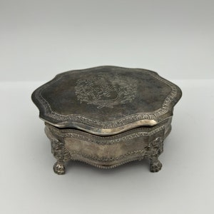 Vintage Silver Plate Footed Hinged 6 Inch Jewelry Trinket Box With Royal Crest Design On Lid, Lion's Head Feet And Red Velvet Interior