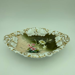 Vintage C.T. Carl Tielsch Altwasser Silesia Germany Pierced Floral And Gold Gilt 12 Inch Porcelain  Decorative Oval Centerpiece Serving Bowl