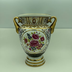 Vintage 10&quot; Porcelain Pedestal Flower Urn Vase With Raised Asian Floral, Leaf And Vine Design And Gold Gilt Accents, Trim &  Double Handles
