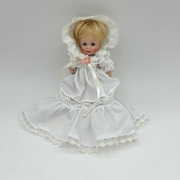 Vintage Effanbee Small 6" Porcelain Blonde Baby Doll With Movable Joints, White Gown & Bonnet Marked "Effanbee Playtown 984 Taiwan"