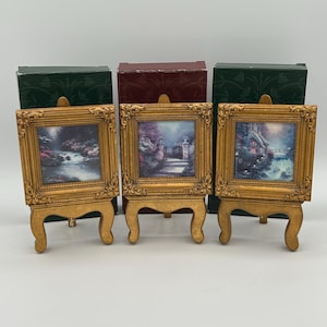 Vintage 1997 Thomas Kinkade 3-Piece Miniature 4&quot; Framed Art Prints With Easels - Beside Still Waters, Victorian Garden II & Falbrooke Thatch