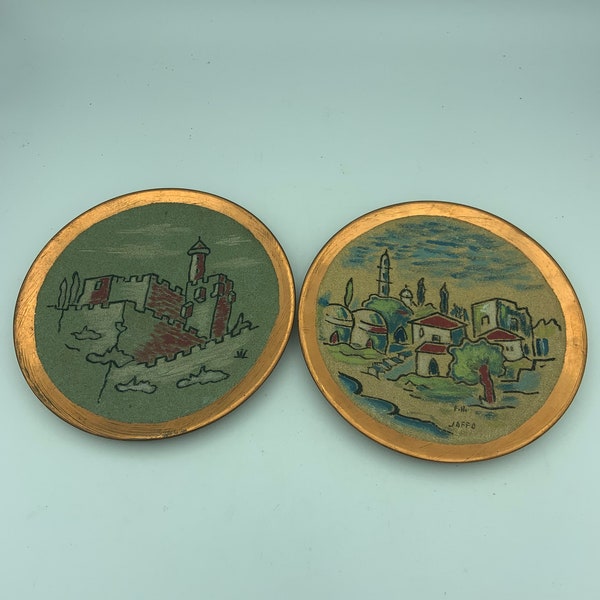 Set Of Two Made In Israel Judaica Decor Hand Painted With Original Desert Sand From The Holy Land Jaffa City Gate Wall Art Copper Plaques