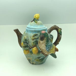 Vintage Pacific Rim Hand Painted Large 8-Cup Ceramic Teapot Coffee Pot Beverage Server With Lid And Figural Tropical Parrot & Fig Tree Motif