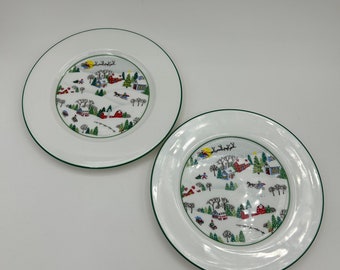 Set Of Two Vintage Lenox Fine Bone China Debut Collection Sleighride Pattern Christmas Holiday Winter Village Scene 8&quot; Salad Dessert Plates