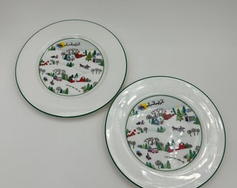 Two Vintage Lenox Fine Bone China Debut Collection Sleighride  Pattern Winter Christmas Holiday 8" Salad Dessert Plates With Original Label