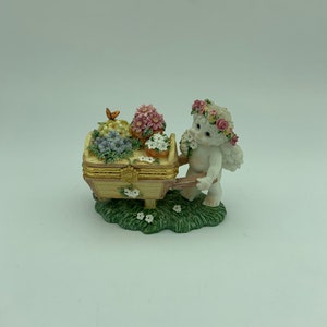 Vintage 1997 Cast Art Industries Kristin Haynes Dreamsicles Cherub Angel "Flower Cart" #10353 Jewelry Trinket Box Figurine Sculpture
