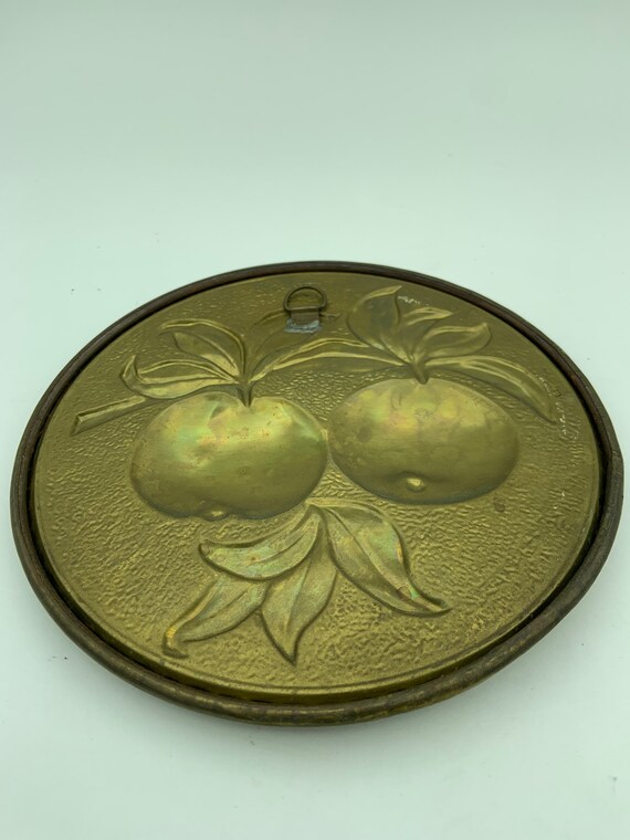 Vintage Hammered Brass Wall Plate W/a Assorted Fruit Design. A 12