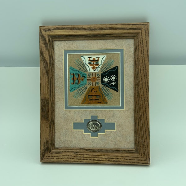 Handcrafted Native American Navajo Framed And Signed  7" X 9" Sand Painting With Cut Out Mat And Oval Metal Concho Accent Inlay