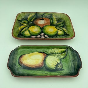 Mayolica Contreras Hand Painted Mexican Pottery 2-Piece Decorative Fruits Motif Small Rectangular Tray Dish Set Hecho En Mexico