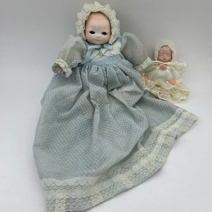 Vintage 2-Piece Porcelain And Soft Cloth Unmarked Baby Girl Collectible Doll Set With 9&quot; Crying Baby & 5&quot; Sleeping Baby In Gowns And Bonnets