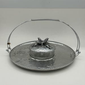 Vintage 2-Piece Hand Wrought Creations By Rodney Kent Hammered Aluminum 11&quot; Tulip Motif Round Handled Platter #460 With Glass Condiment Jar