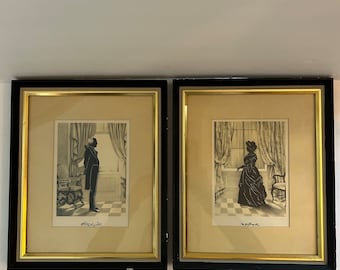 Set Of 2 Vintage President George Washington And Martha Washington Framed 9" X 11" Silhouette Portrait Prints Artwork Ethan Allen Wall Decor