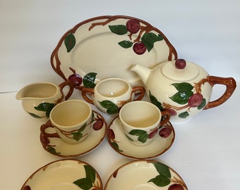 Vintage 10-Piece Franciscan Apple Earthenware Dinnerware Set Includes Teapot, Creamer, Sugar, 2 Cups, 4 Saucers & 12" Platter Made In USA