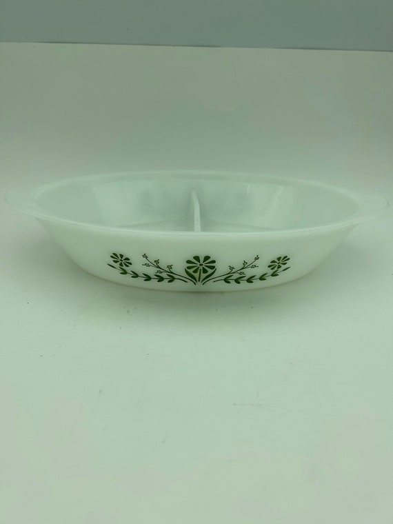 Glasbake Oval Divided Milk Glass Casserole Baking Dish Handles Green Daisy  Design