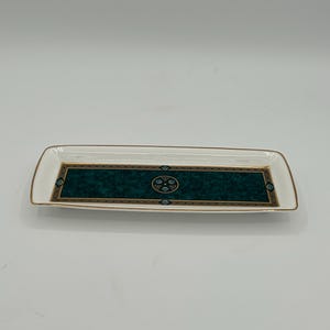 Vintage Royal Doulton English Fine Bone China Biltmore Pattern Small 7&quot; X 3&quot; Rectangular Tray With Gold Accented Blue Green Marble Motif