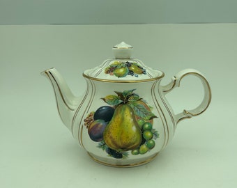 Vintage James Sadler Still Life Fruits Motif Four Cup Porcelain Teapot #3749TE With Lid And Gold Gilt Trim Made In England